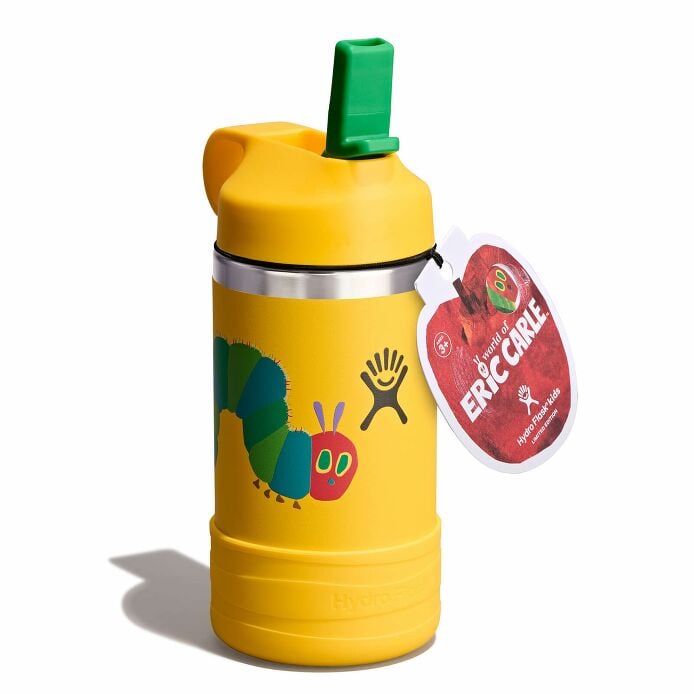 kids-12-oz-bottle-world-of-eric-carletm-l2 le26-w12-1000-kids-12-oz-wide-straw-cap-and-boot-yellow-caterpillar-angled-lid-open-withtag_1.jpg